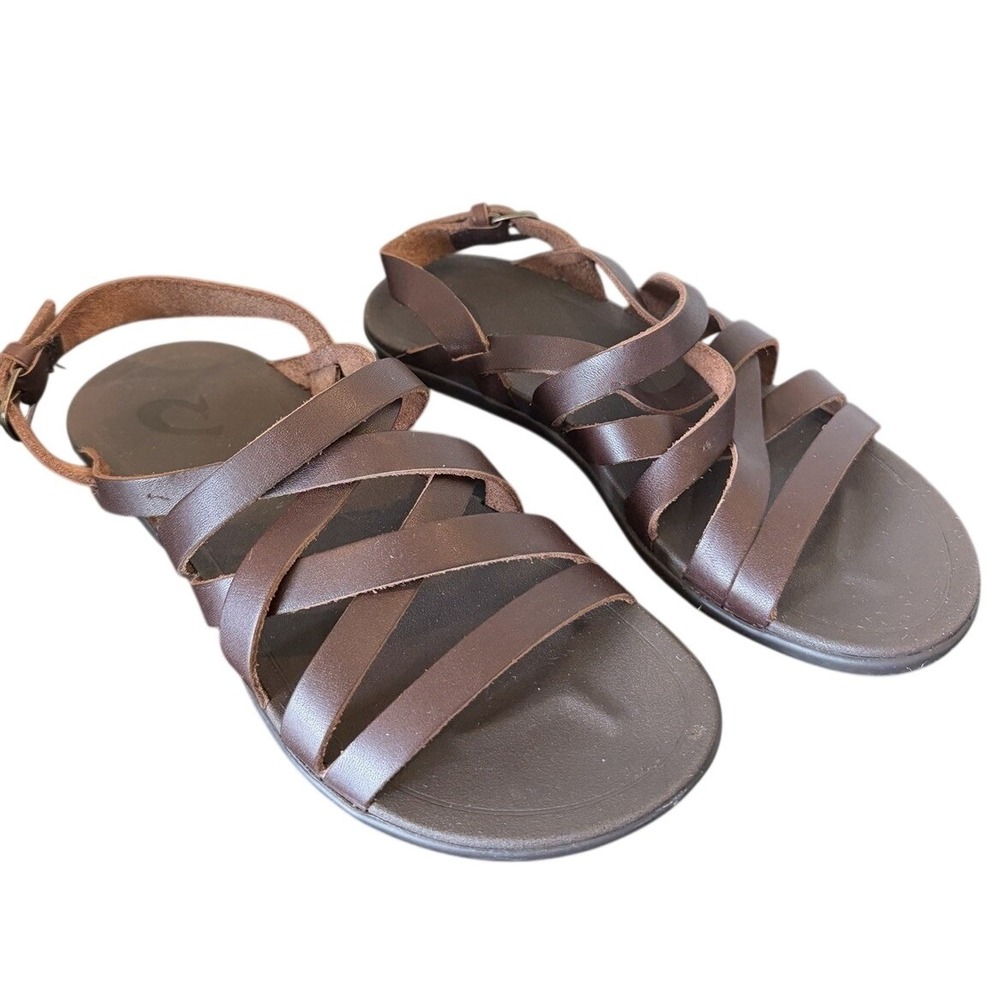 OluKai AWE AWE Sandals Women's Sz 5 Brown Leather Strappy Slingback Walking